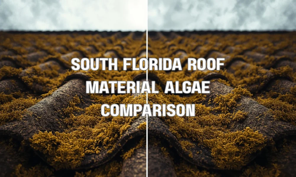 A comparative diagram illustrating how different roofing materials—asphalt shingles, clay tiles, and metal—react differently to biological growth like Gloeocapsa magma and algae in the South Florida climate.