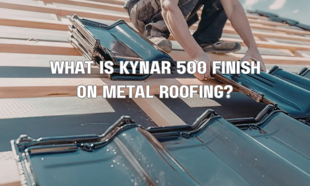Close-up of painted metal roofing panels with Kynar 500 PVDF finish coating