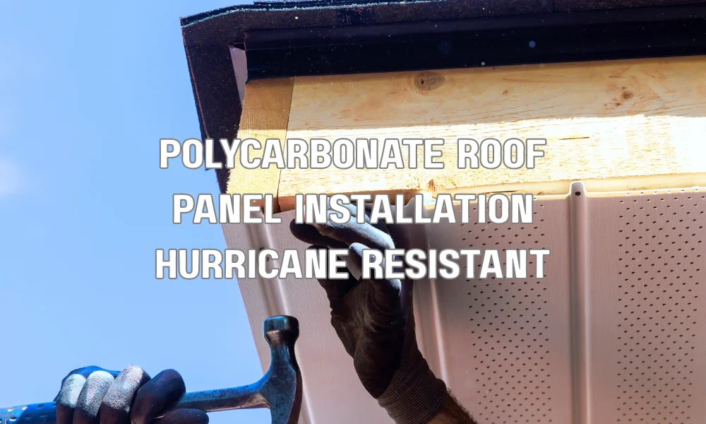 Contractor installing hurricane-resistant polycarbonate roof panels with corrosion-resistant fasteners and structural support
