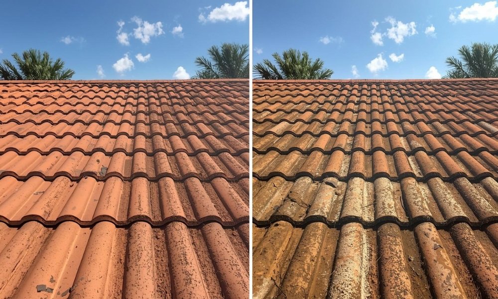 A comparison visualization graphic illustrating the proactive benefits of roof maintenance in Pompano Beach, contrasting a clean, maintained tile roof with a neglected one showing algae growth and minor damage under bright sun.