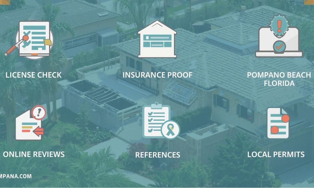 A stylized infographic illustrating the five essential steps to verify a roofing contractor in Pompano Beach, Florida, including license check, insurance proof, online reviews, references, and local permits.