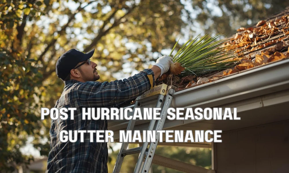 A homeowner or professional safely cleaning autumn leaves and palm debris from residential gutters during late fall.