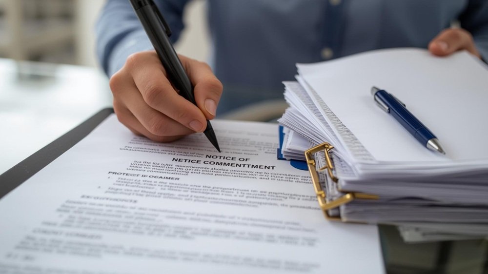 A focused Florida homeowner reviews a 'Notice of Commencement' document and a stack of lien waivers, using a checklist to organize paperwork and protect against subcontractor construction liens.