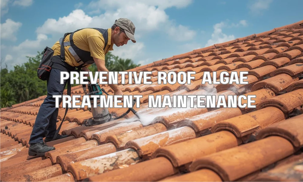 A professional technician applying a clear, eco-friendly protective sealant to a clean Spanish tile roof in Florida to prevent future algae and mold growth.