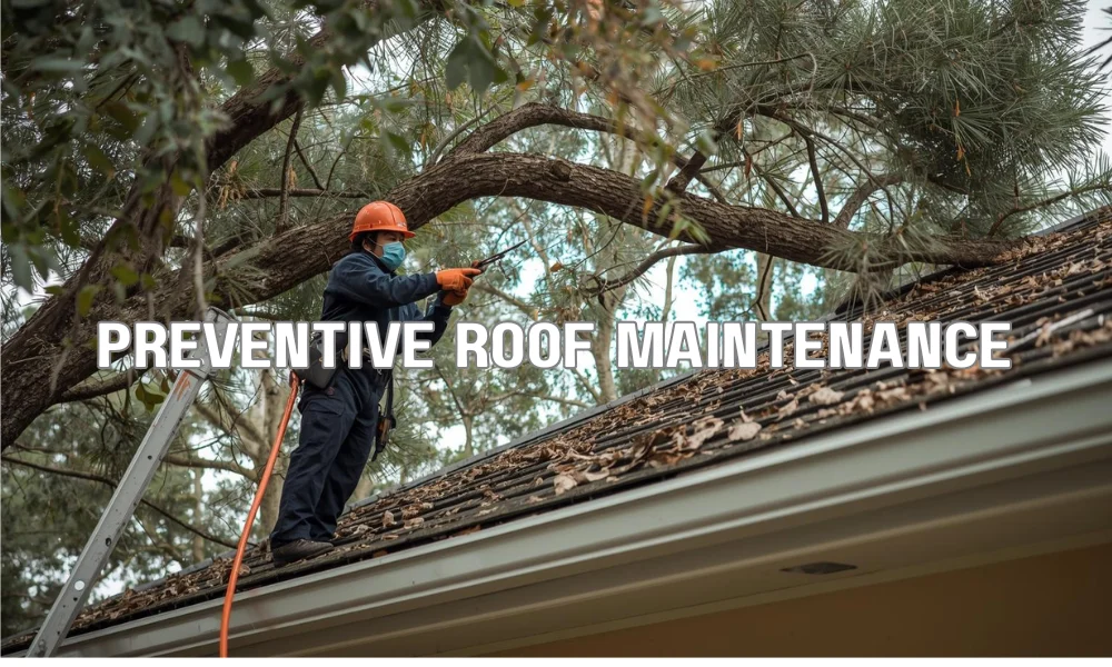A professional maintenance technician in Florida trimming overhanging tree branches away from a residential roof to prevent storm damage and debris accumulation.