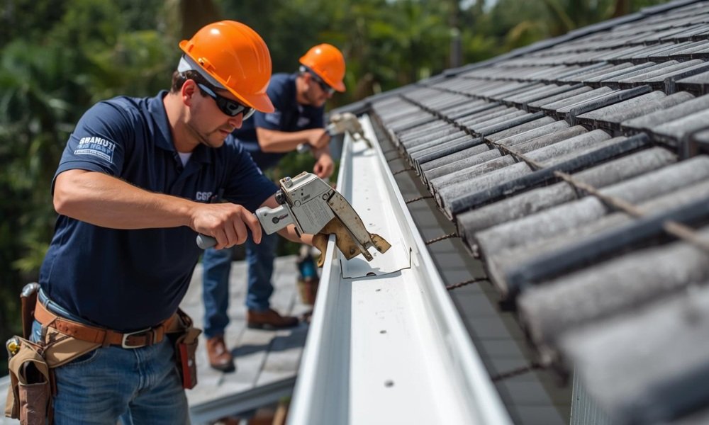 Two professional gutter installers, wearing safety gear and branded shirts, precisely cut and fit a long seamless white aluminum gutter section on a modern South Florida home. One installer uses a specialized cutting tool while the other holds the section steady, ensuring the proper pitch for optimal water flow under bright sunlight.