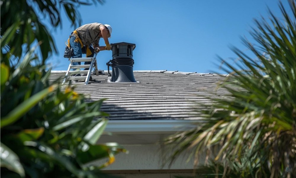 A detailed photograph of a clean, well-maintained Florida residential roof. A roofing professional on a ladder near the gutter line ensures all seals and flashing around a roof vent are waterproof and robust, while lush tropical foliage and clear blue sky frame the scene.