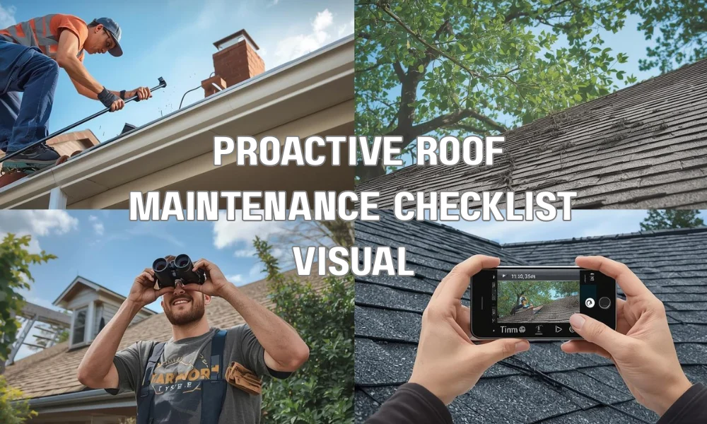 A four-quadrant collage illustrating key roof maintenance tasks: a person clearing gutters, tree branches being trimmed away from a roofline, a homeowner performing a ground-level inspection with binoculars, and a hand holding a smartphone to photograph a maintenance log and roof shingles.