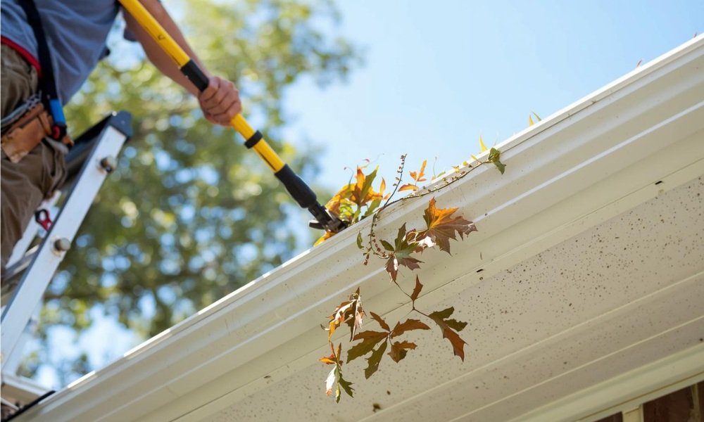 A homeowner on a safe ladder uses a gutter cleaning tool to remove leaves near the clean white soffit and fascia on a well-maintained South Florida home under bright sunlight.