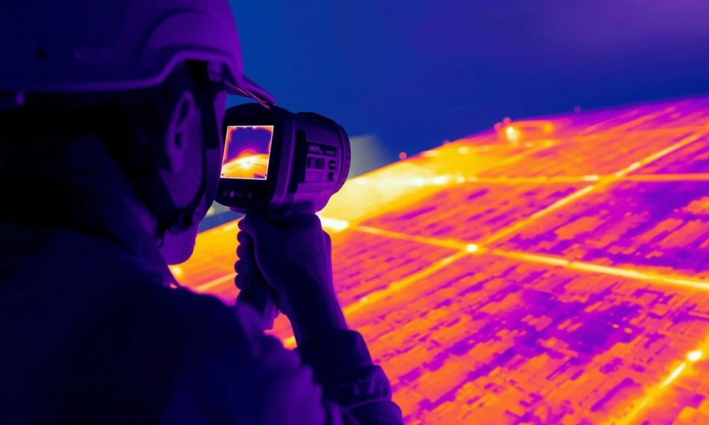 A certified roofing professional using an infrared thermal camera to detect hidden moisture and insulation issues during a commercial roof inspection in Florida.