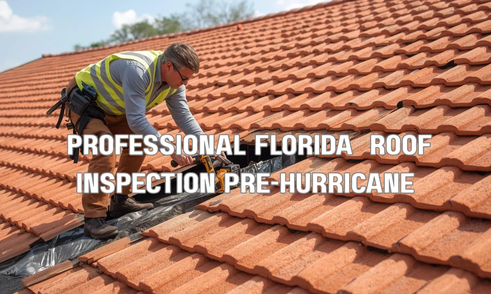 : A professional roofing inspector using specialized tools to examine flashing and underlayment on a complex tile roof in Florida before hurricane season, checking for subtle damage.