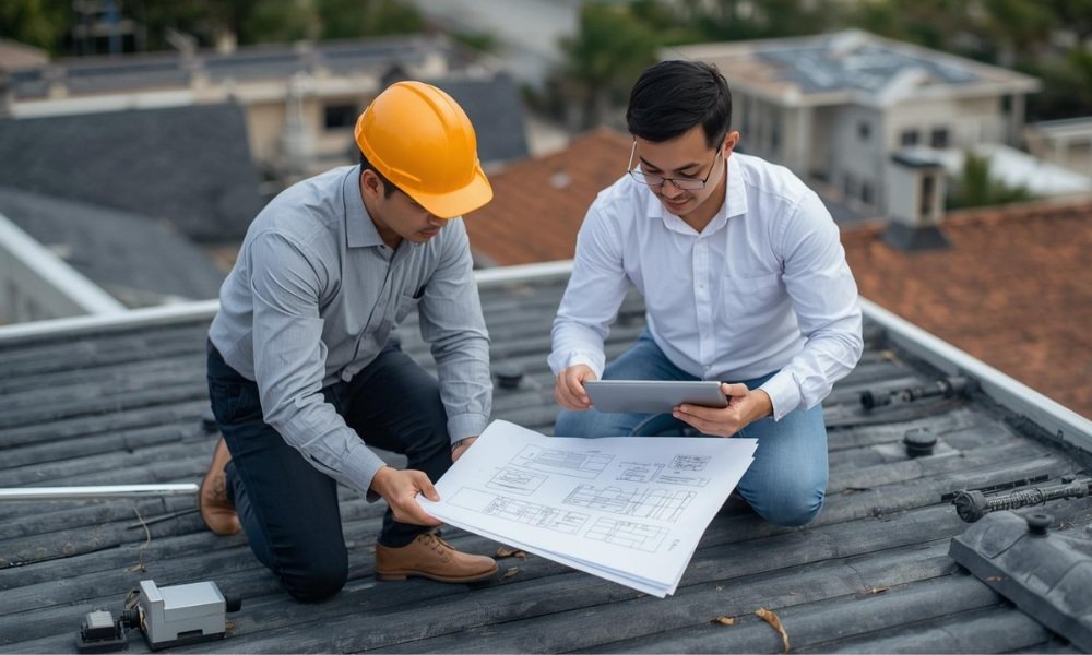 A professional Florida roofing contractor and a client review project plans on a tablet on a newly completed commercial roof, symbolizing trust, quality workmanship, and long-term value.