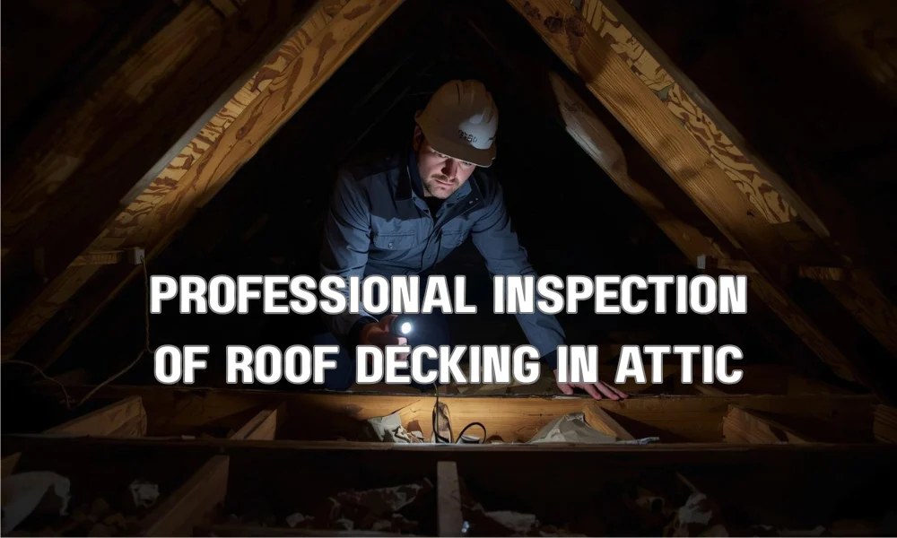 A professional roofing inspector in a dark attic space using a high-powered flashlight and a moisture meter to check the wooden roof decking for signs of structural damage and water stains.
