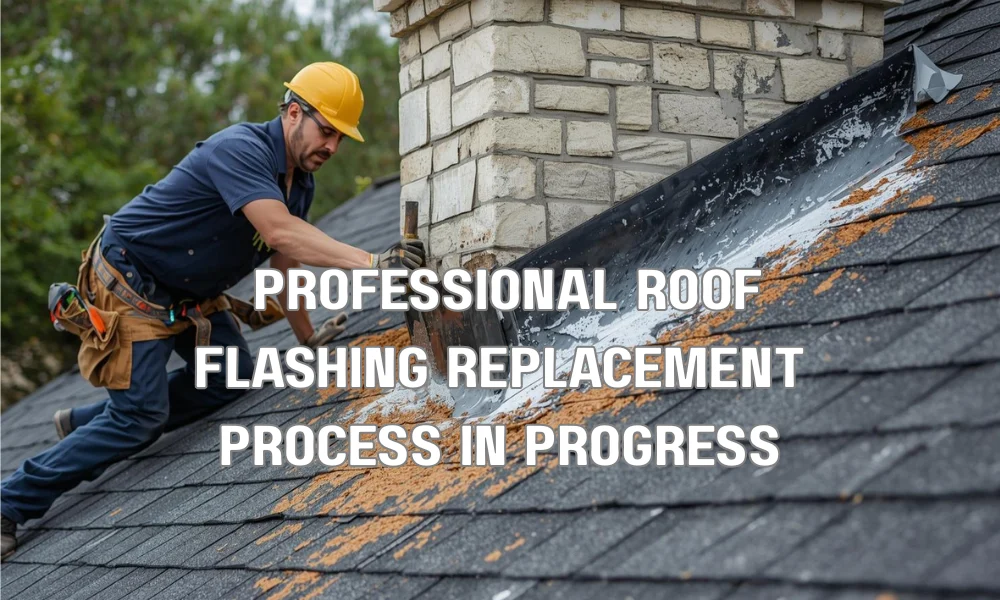 A professional roofing contractor carefully removing shingles and old, corroded metal flashing around a chimney to install new, high-quality replacement flashing.