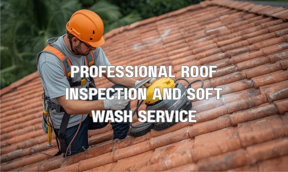 A professional roofing expert in a safety harness uses a tablet to document roof conditions while a soft-wash system is prepared to treat visible algae streaks on a Florida tile roof