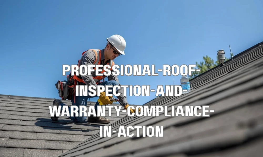A certified roofing contractor performing a professional inspection to maintain warranty compliance, documenting shingle condition and clearing debris.
