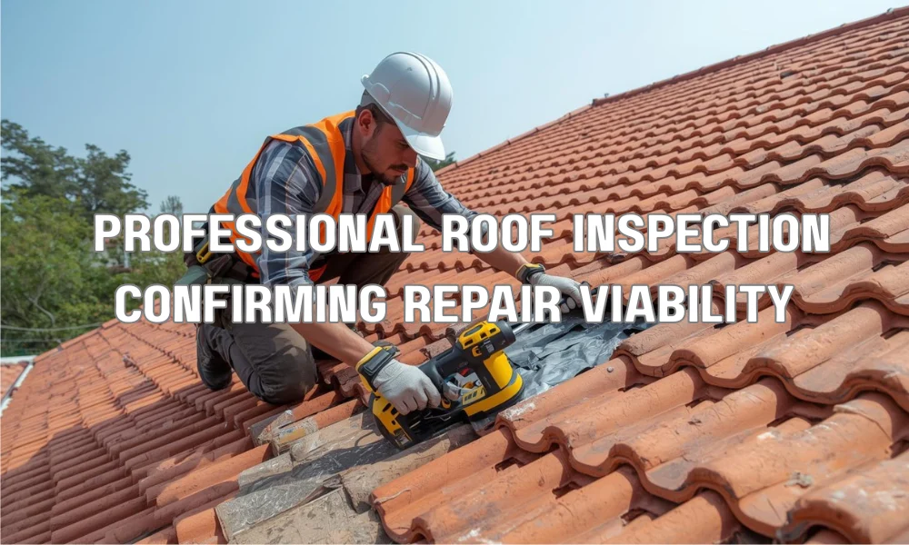 A certified roofing inspector on a residential roof examining tiles and underlayment with professional tools, confirming the structural integrity for a spot repair.
