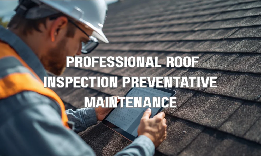 A professional roof inspector using a magnifying glass and a digital tablet to document small shingle defects and loose fasteners during a routine maintenance check.