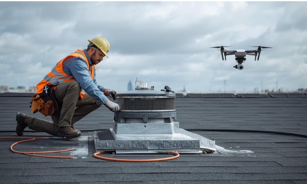 A certified roof inspector in professional gear performing a meticulous visual examination of flashing around a roof vent on a commercial flat roof, with a drone flying nearby for comprehensive assessment.