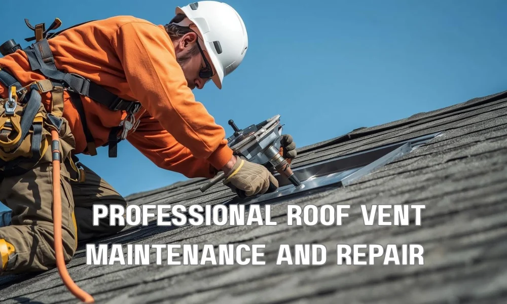 A close-up photograph of a professional roofer, wearing safety gear and a harness, replacing a damaged ridge vent on a shingle roof. The roofer is using a specialized tool to ensure a proper seal, with a clear blue sky in the background.