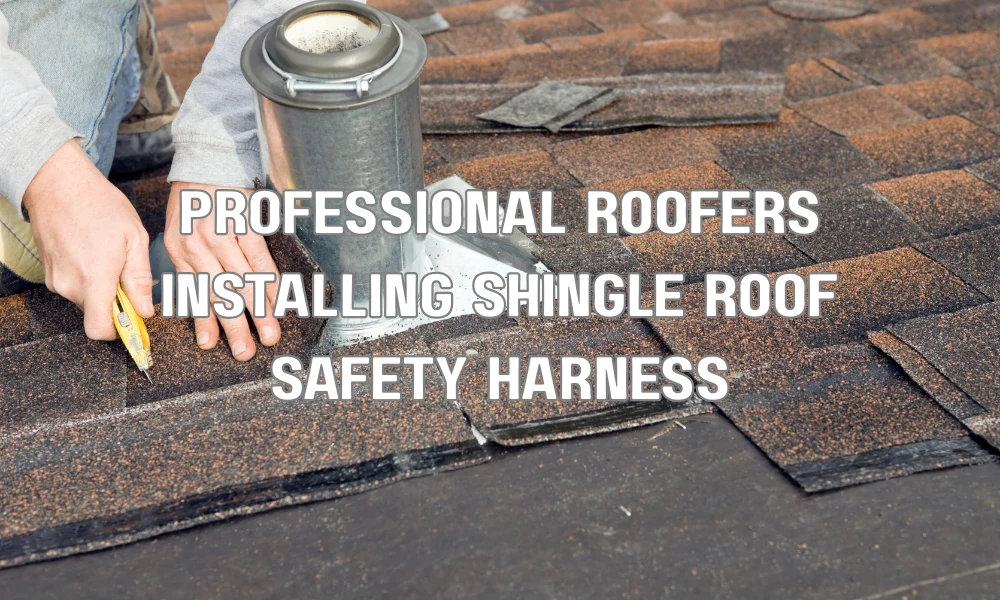 Professional roofers installing a hurricane-resistant shingle roof using proper fastening and safety equipment on a coastal home.