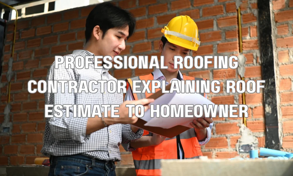 Professional roofing contractor explaining a detailed roof estimate and inspection results to a homeowner