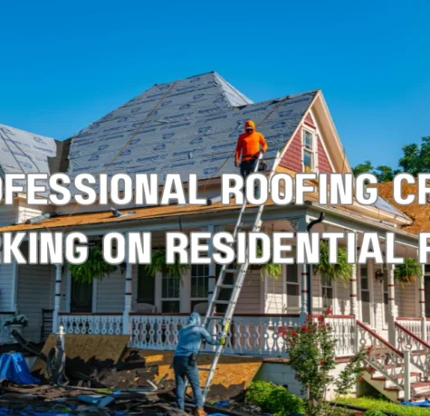 National roofing chain crew working on a residential roof compared to a local roofing contractor