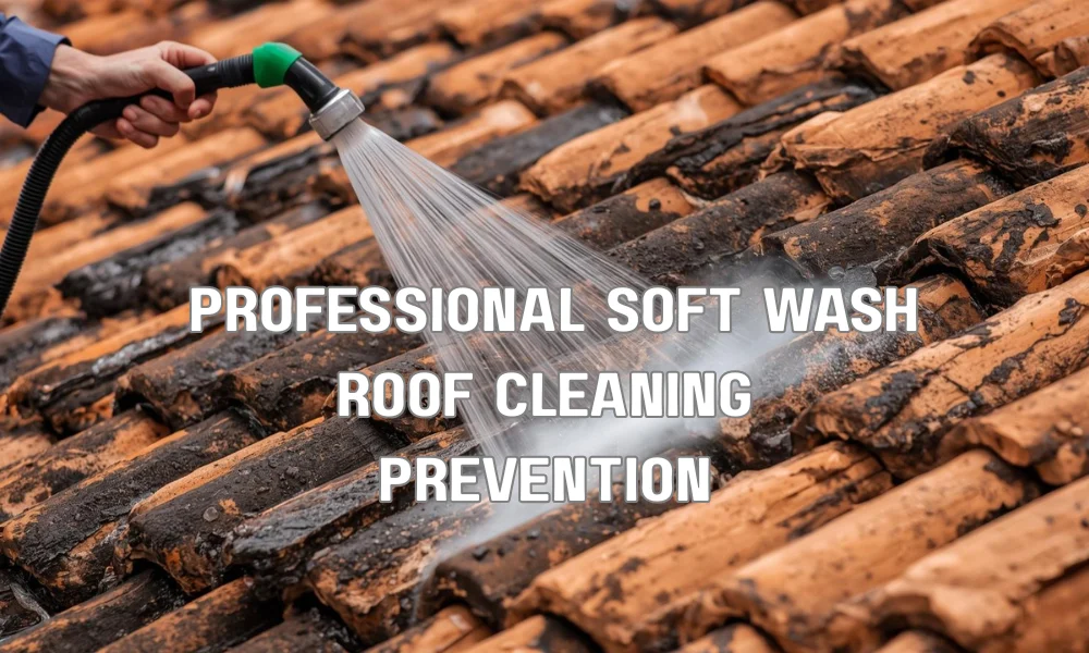 A close-up view of a professional technician applying biodegradable detergents using a low-pressure soft wash method, revealing a clean Spanish tile roof beneath black algae stains on a Florida home.