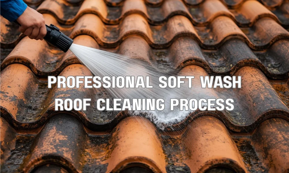 A close-up view of a professional technician applying biodegradable detergents with a low-pressure soft wash system, revealing a clean Spanish tile roof beneath black algae stains.
