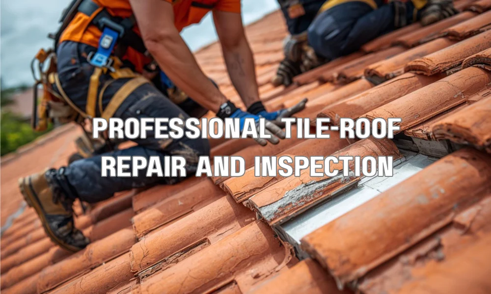 A detailed photograph showing professional roofers in safety harnesses inspecting and repairing a terracotta tile roof, with a close-up on compromised flashing and a cracked tile.