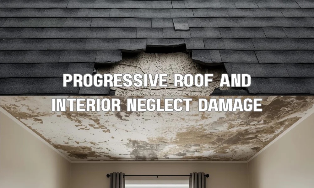 Split view contrasting a small missing roof shingle (top) with major interior ceiling water damage and mold in the room below (bottom).