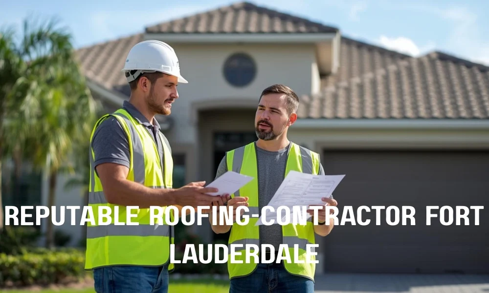 A professional roofing contractor in a safety vest discussing a project plan with a homeowner in front of a modern Fort Lauderdale home with a tile roof.