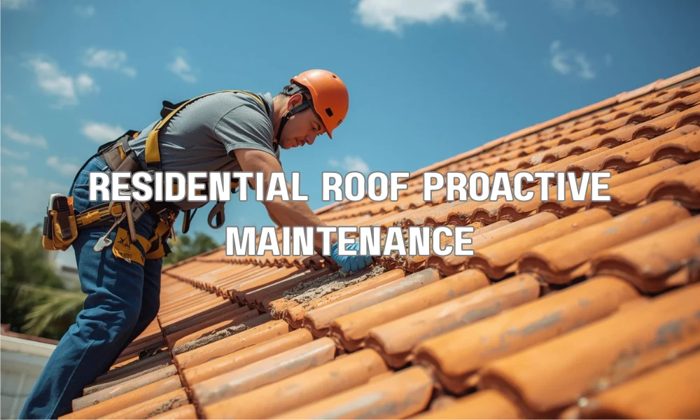 A professional roofing technician wearing a safety harness and gloves meticulously clears debris and inspects Spanish tiles on a sunny Florida rooftop, promoting roof longevity.