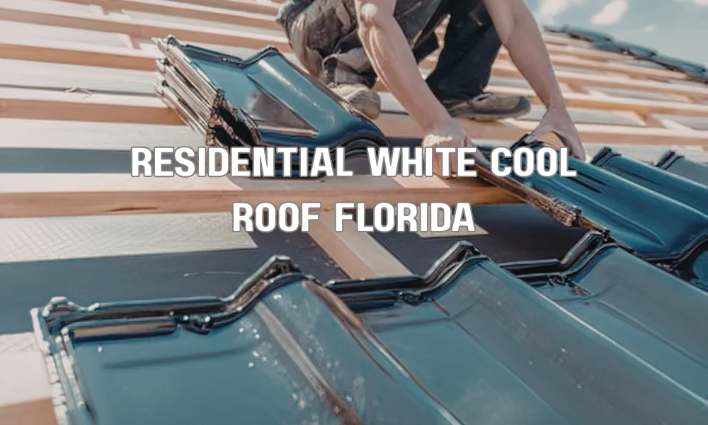 A modern South Florida home featuring a bright white standing seam metal roof reflecting intense sun, surrounded by palm trees under a blue sky, illustrating energy efficiency.