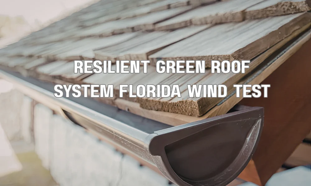 A close-up view of a engineered green roof system in Miami during a simulated high-wind event, showing structural anchors, robust drainage layers, and durable, salt-tolerant succulent plants with minimal soil displacement.
