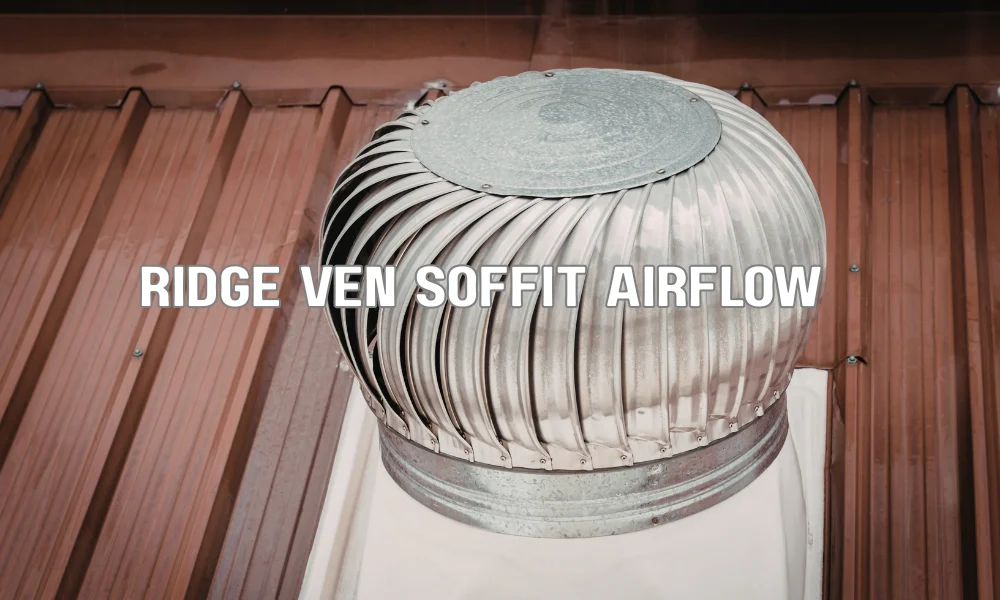 A cross-section diagram of a house roof showing the airflow relationship between soffit intake vents and a ridge vent.