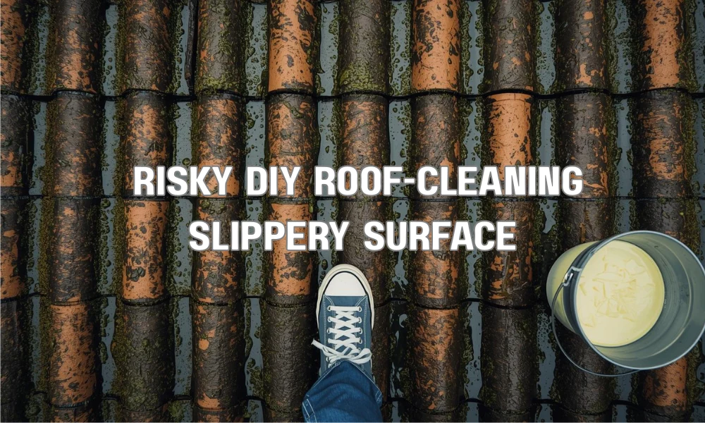 A high-angle close-up of a wet, mossy barrel tile roof in Florida, showing a person's foot in a sneaker slipping on a slick surface near a bucket of cleaning solution.