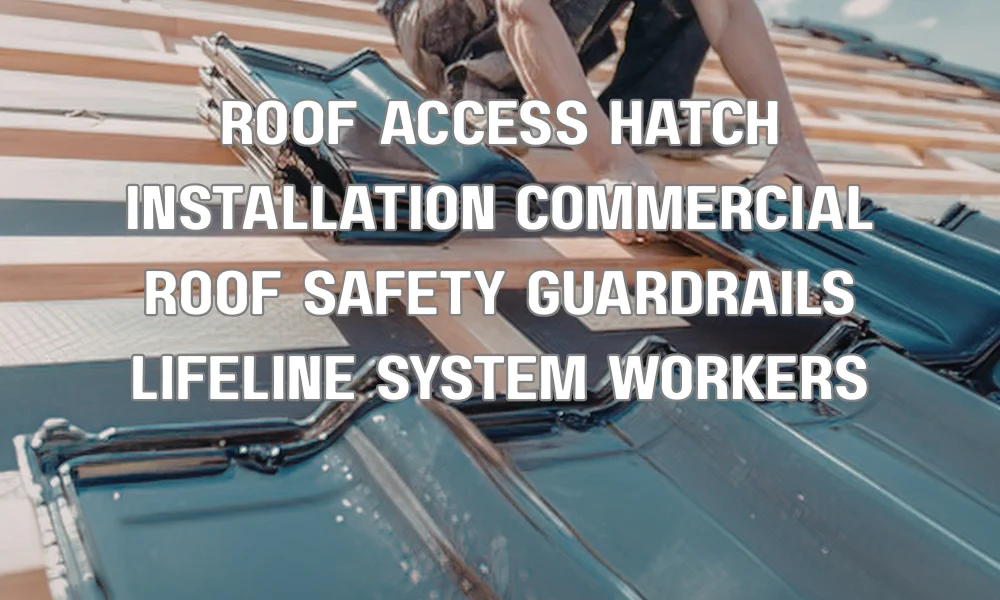 Workers installing a roof access hatch with guardrails and safety systems on a commercial building roof