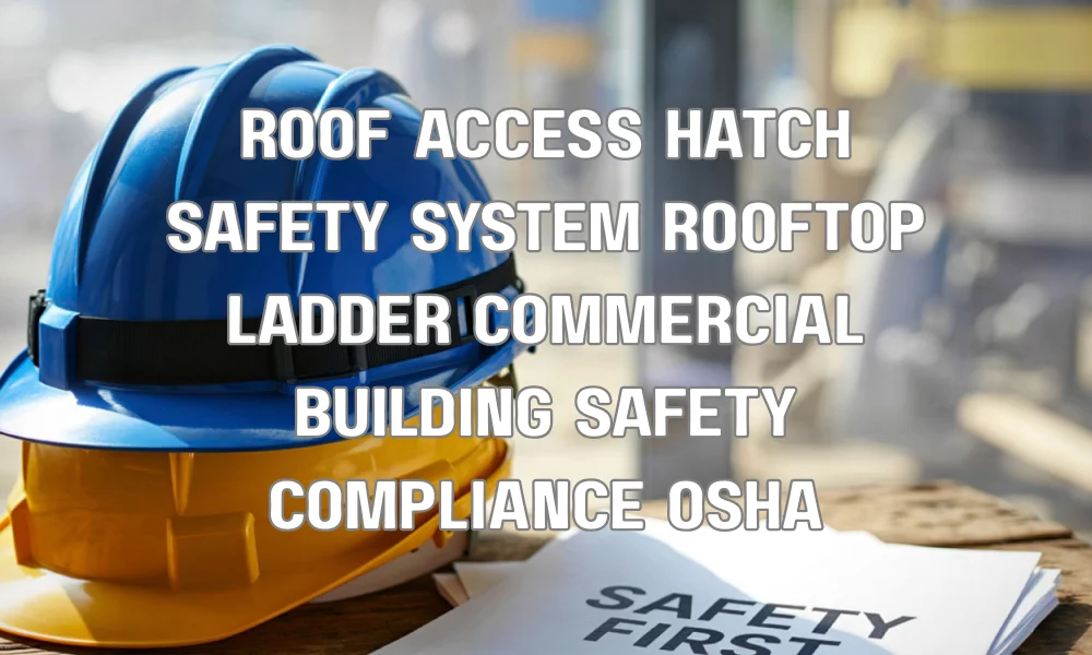 Roof access hatch with integrated safety ladder and guardrail system on a commercial building rooftop