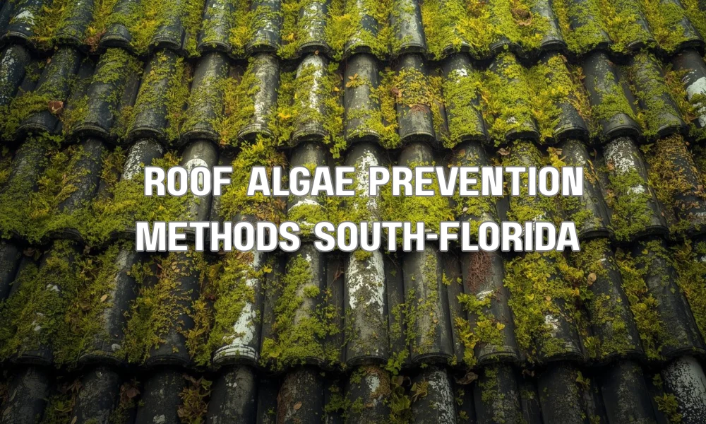 An illustration of a residential roof in South Florida showing various proactive methods to prevent algae growth: trimmed trees for sun, zinc strips on the ridge, and an eco-friendly preventative spray.