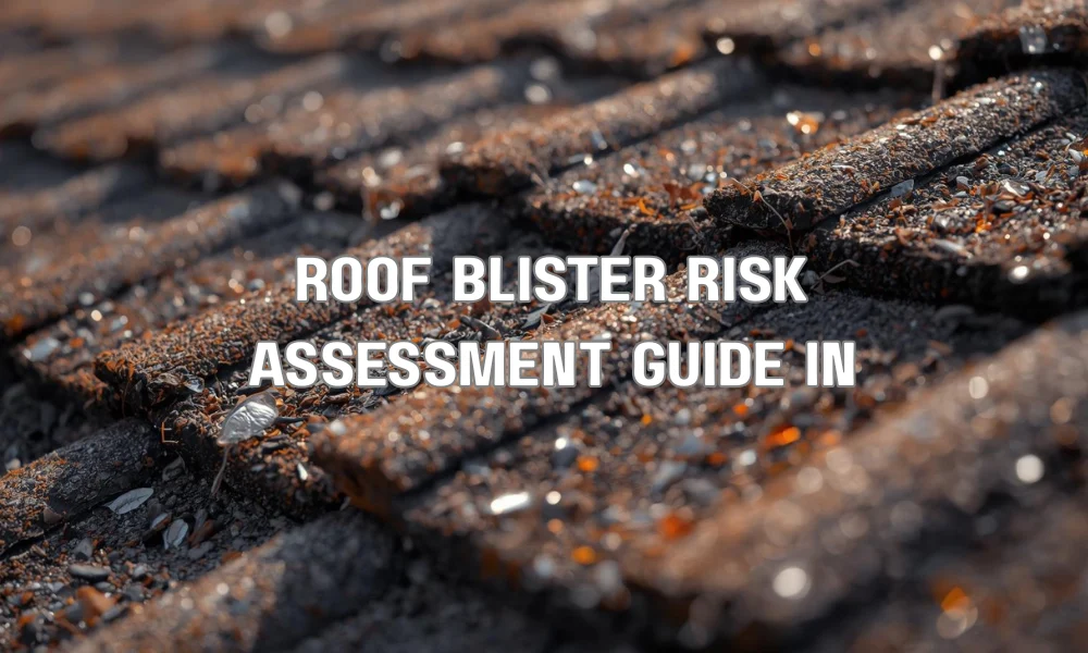 A technical guide showing different stages of roof blistering, from minor surface bubbles to ruptured "red flag" blisters that require immediate repair.