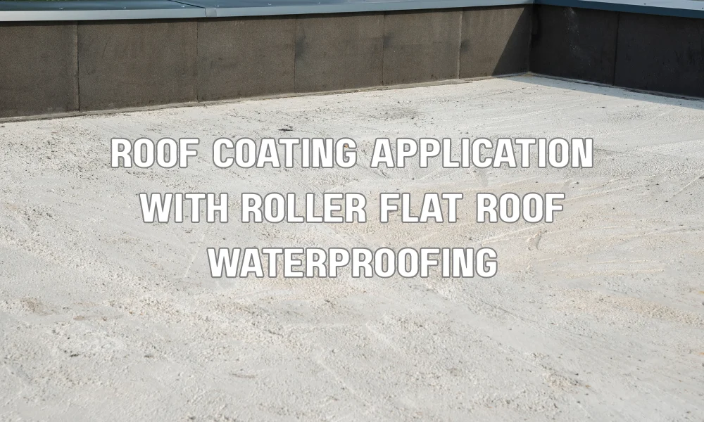 Contractor applying rubberized asphalt roof coating on a flat roof using a roller for waterproofing