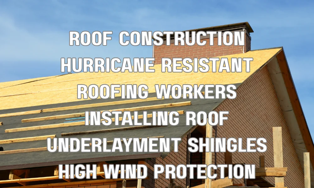 Workers installing hurricane-resistant roofing system with underlayment and shingles for high wind protection in Florida