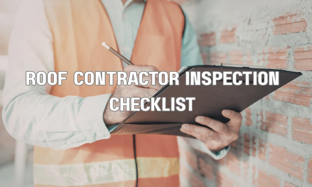 Roof contractor inspecting shingles with warranty inspection checklist on clipboard