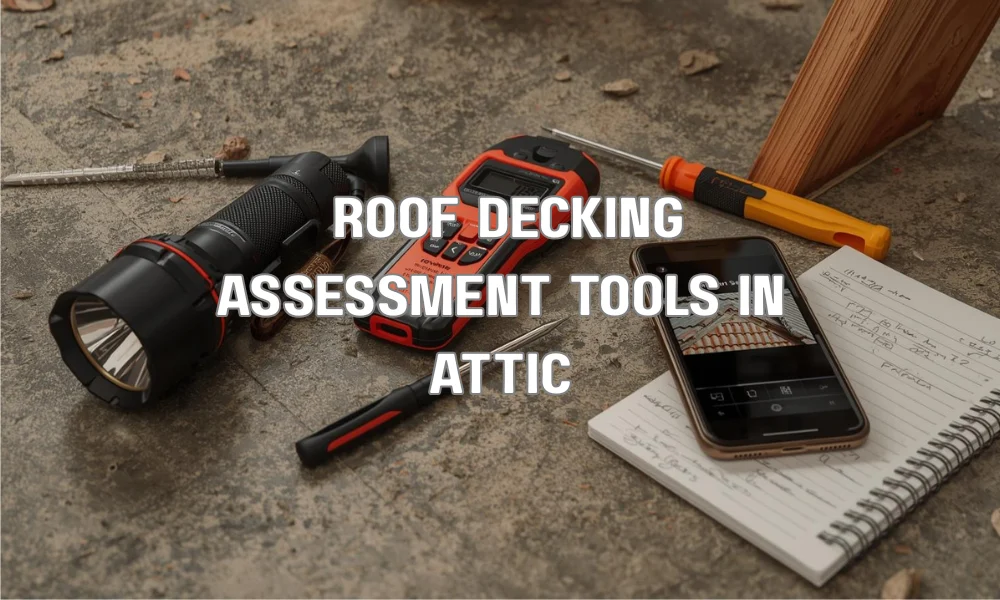 A close-up photograph of essential tools laid out on a clean attic floor, including a powerful LED flashlight, a digital moisture meter displaying a reading, a screwdriver used as a probe, and a smartphone displaying a photo of a roof shingle, next to a notebook with annotations.
