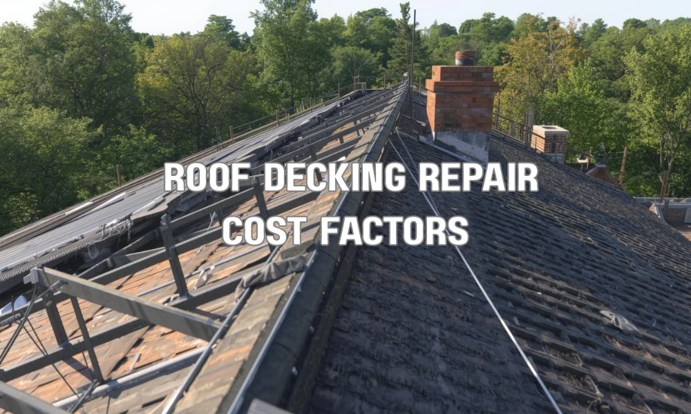 A comparison illustration detailing the cost factors for roof decking repairs, showcasing "LOCALIZED REPAIRS" (partial replacement, lower cost) versus "FULL DECKING REPLACEMENT" (entire roof, higher cost), alongside icons for material choices and labor. A central scale shows "UPFRONT COST" versus "LONG-TERM VALUE."