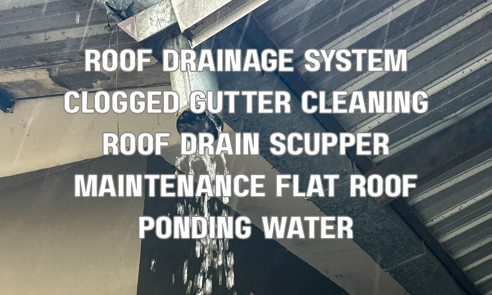 Clogged roof drainage system with debris in gutters and standing water on a flat roof