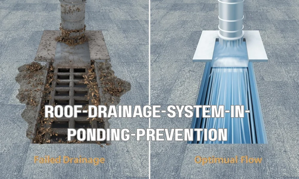 A comparison illustration on a flat roof. One side shows a clogged drain with pooled water and debris, labeled 'FAILED DRAINAGE'. The other side shows a clean, free-flowing drain with tapered insulation directing water away, labeled 'OPTIMAL FLOW'.