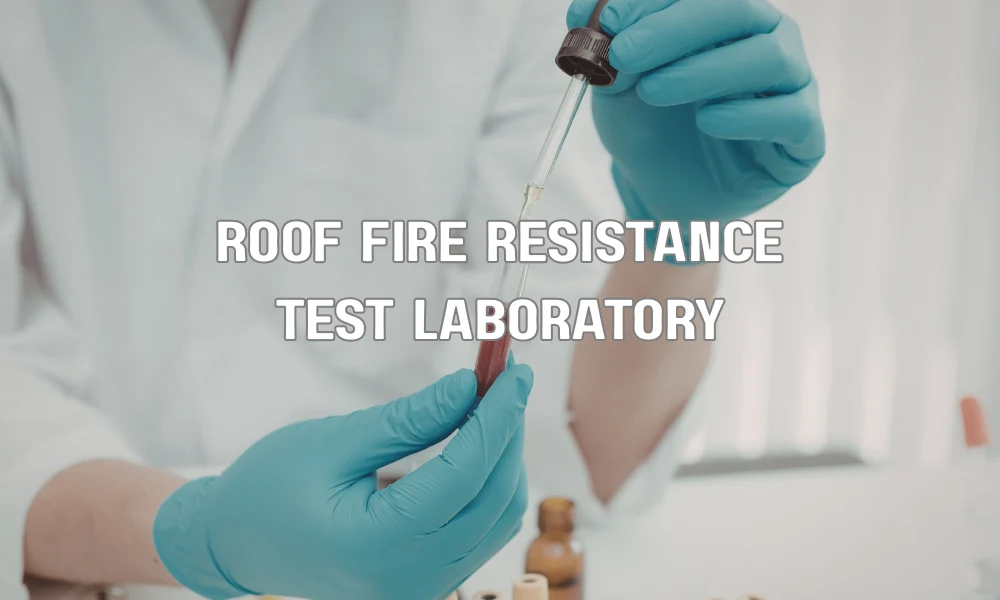 Laboratory fire resistance test of roofing materials under ASTM E108 standard with flame exposure on roof assembly
