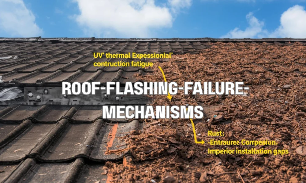 A detailed, technical graphic illustrating a section of corroded and cracked roof flashing at a chimney base, with arrows and icons indicating the four main causes of failure: UV radiation damage, thermal expansion/contraction fatigue, environmental corrosion (rust), and improper installation gaps.